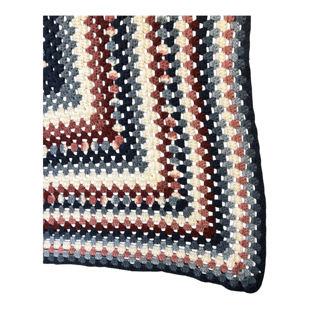 Handmade Crochet Blanket with Multicolor Square Stripes- like new 52 X 54